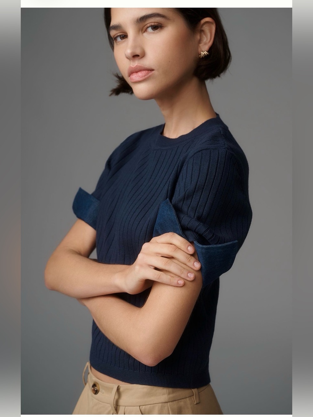 NWT Anthropologie Maeve Mixed Media Denim Cuffed Short Sleeve Sweater Navy M